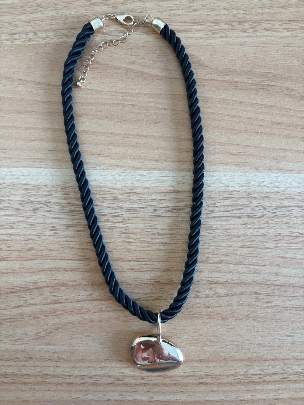 Women’s Black Rope Necklace with Silver Bean Pendant